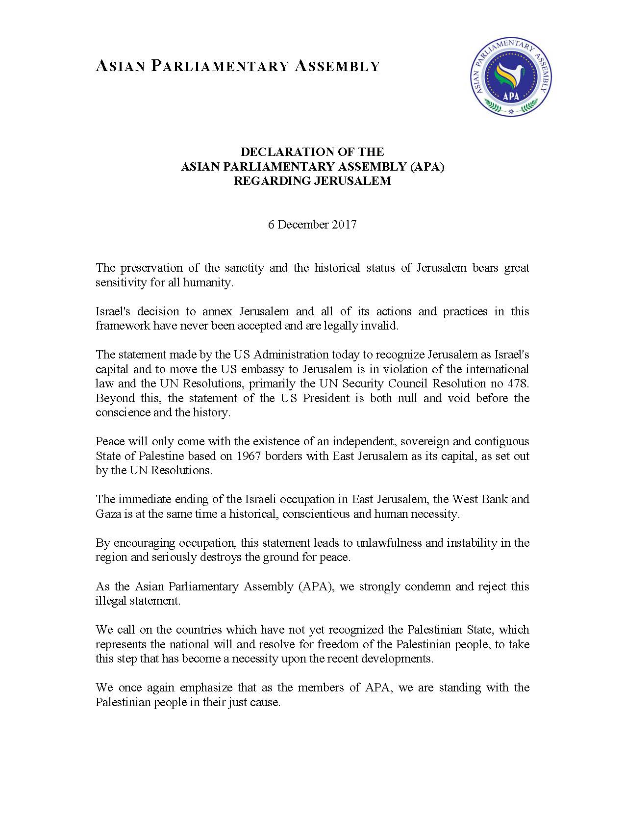 APA's President Issues Statement on US's Jerusalem Decision